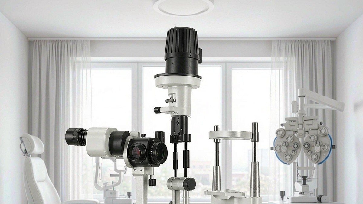 Ophthalmology clinic examination room with a slit lamp and patient examination chair