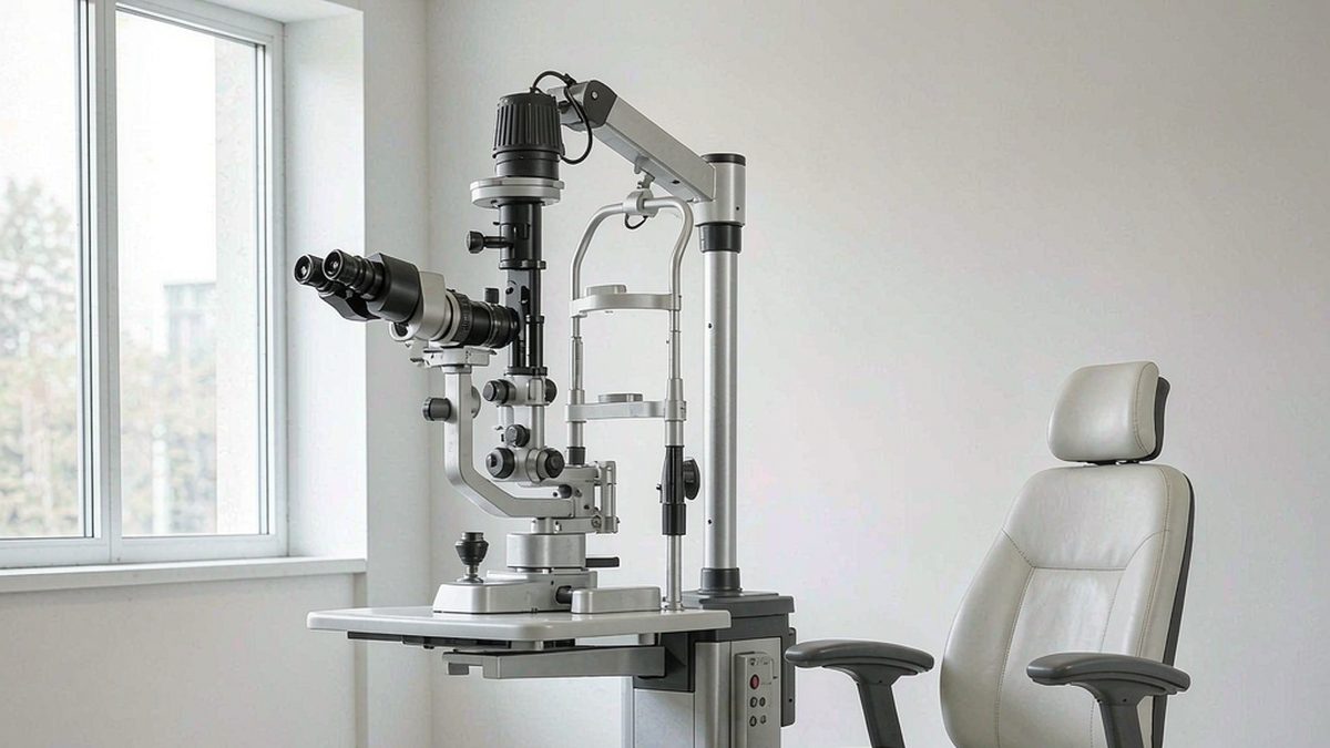 HF-SL5 digital slit lamp with microscope objective, chin rest and ophthalmic examination chair